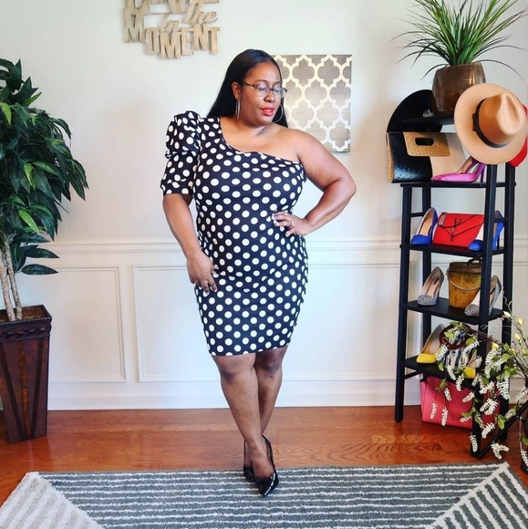 SHEIN | Dresses | One Shoulder Puff Sleeve Polka Dot Dress | Poshmark
